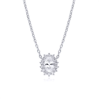 Silver  Oval CZ Princess Royal Engagement Cluster Pendant Necklace - ANC090