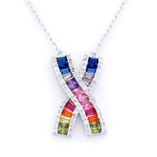 Silver  Rainbow Princess CZ Crossroads Kiss Pendant Necklace - ANC091