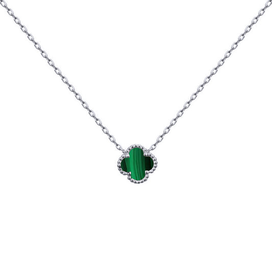 Silver  Green Clover Malachite Lucky Charm Necklace 16-18" - ANC095