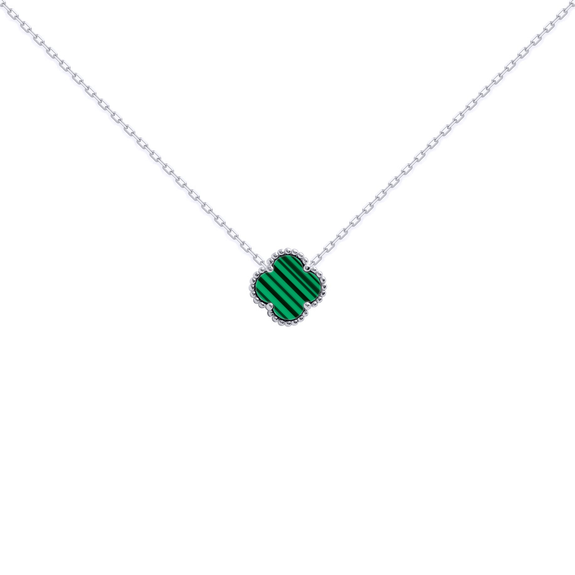 Silver  Green Clover Malachite Lucky Charm Necklace 16-18" - ANC095