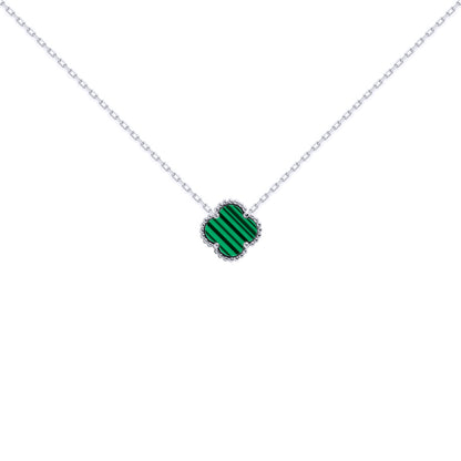 Silver  Green Clover Malachite Lucky Charm Necklace 16-18" - ANC095