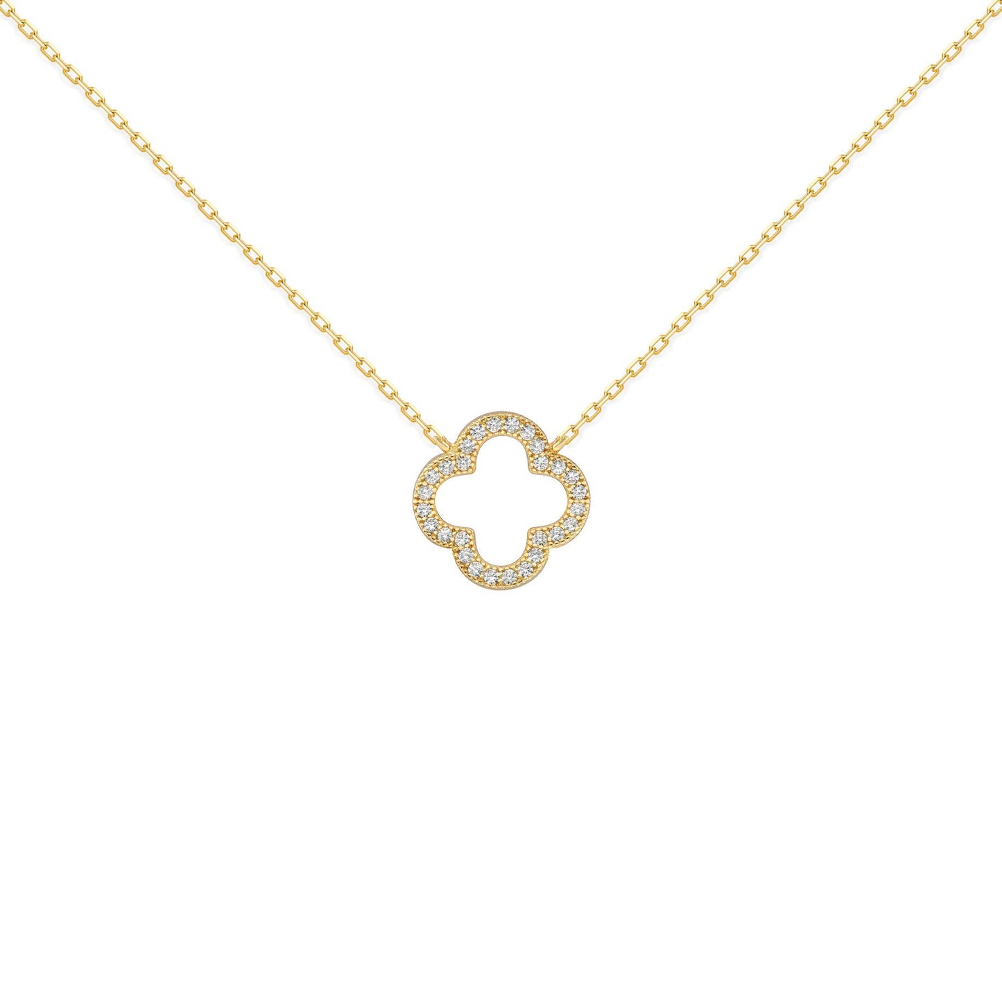 Gold-plated Silver  CZ Clover Halo Lucky Charm Necklace 16-18" - ANC097-GP