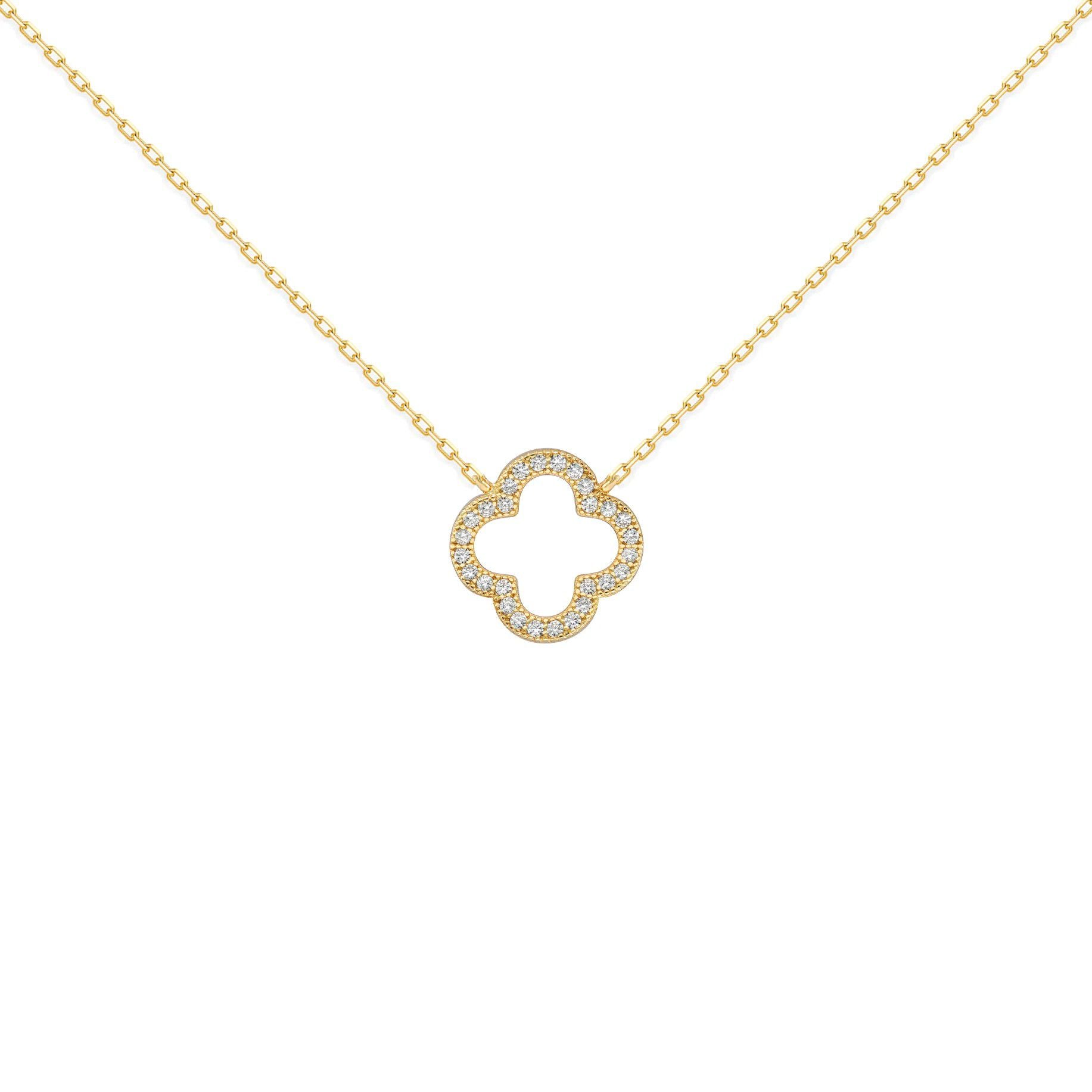Gold-plated Silver  CZ Clover Halo Lucky Charm Necklace 16-18" - ANC097-GP