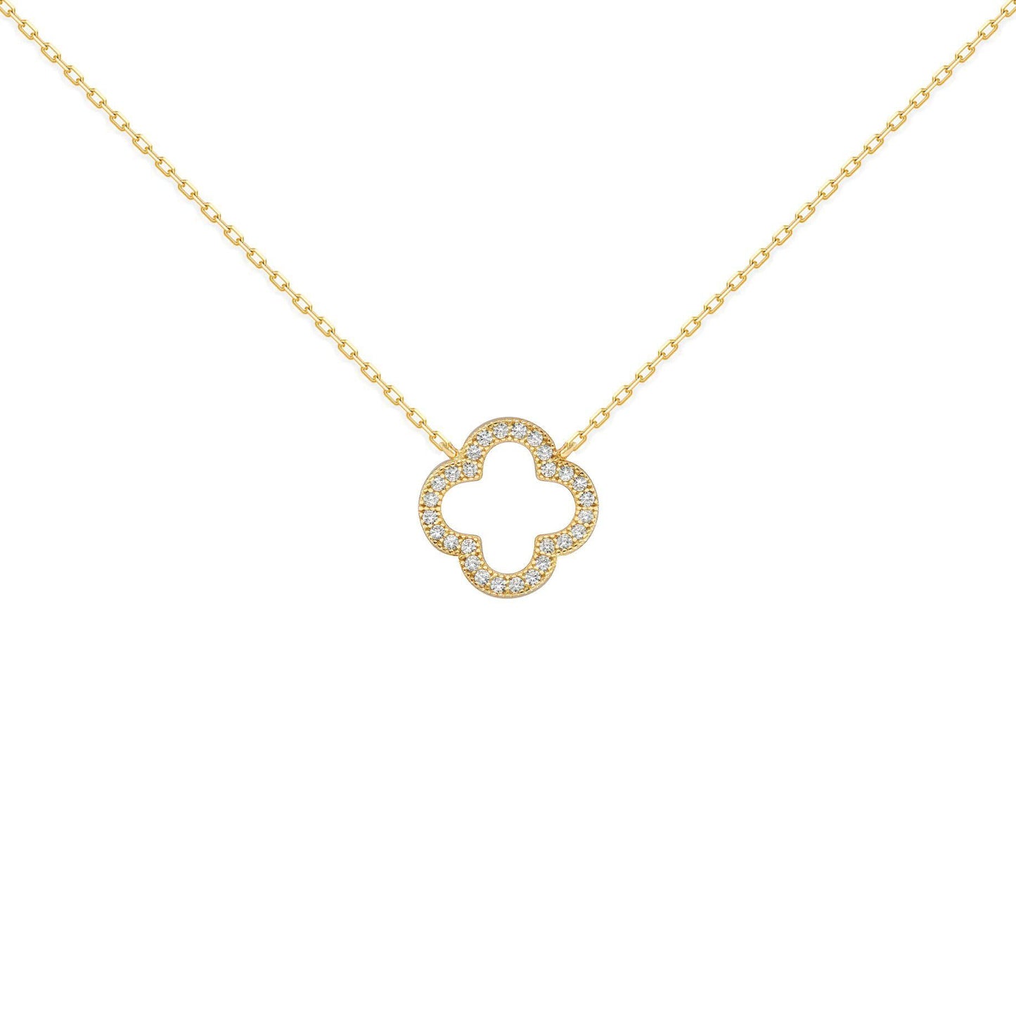 Gold-plated Silver  CZ Clover Halo Lucky Charm Necklace 16-18" - ANC097-GP