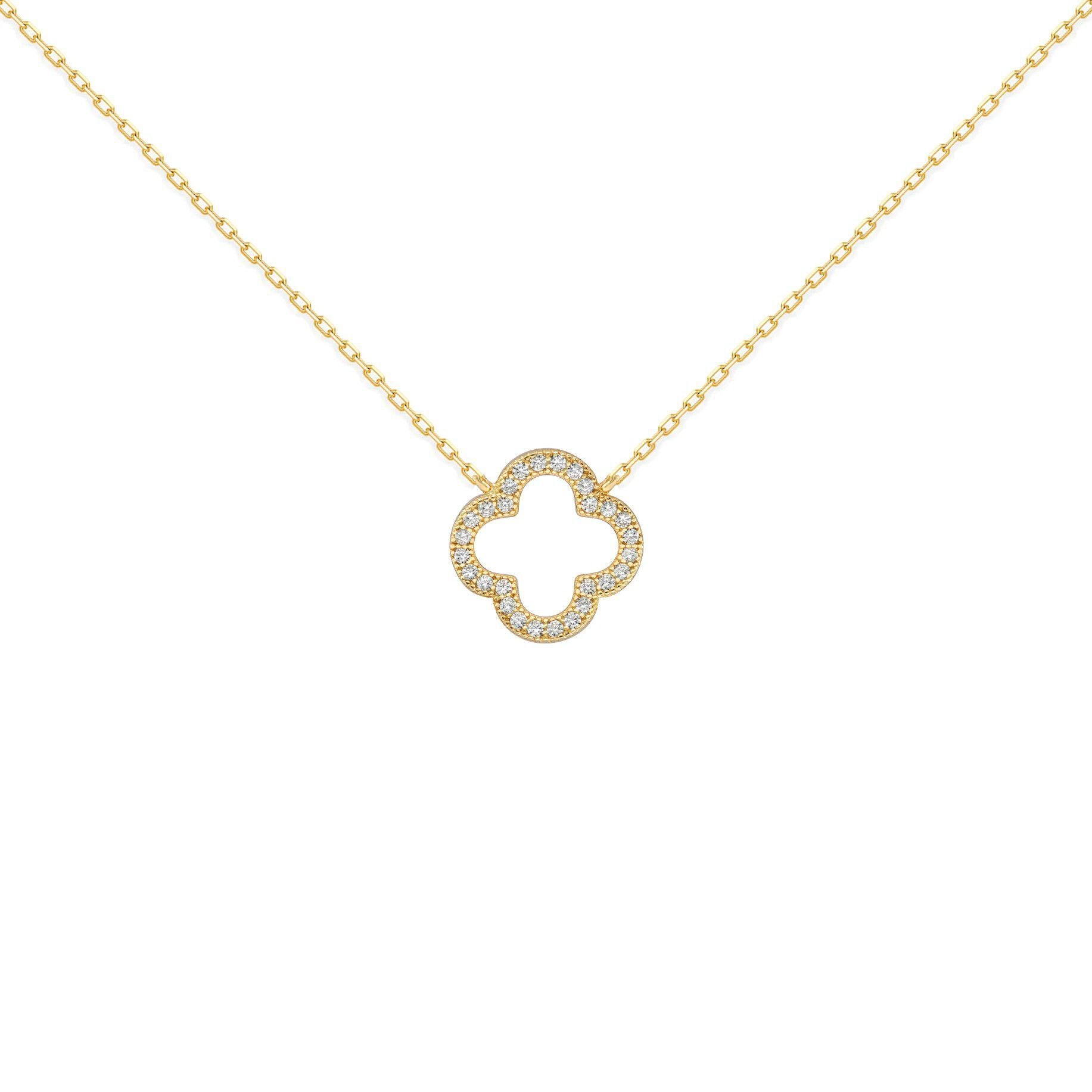 Gold-plated Silver  CZ Clover Halo Lucky Charm Necklace 16-18" - ANC097-GP