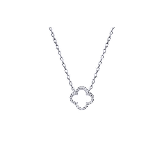 Silver  Round CZ Clover Halo Lucky Charm Pendant Necklace 16-18" - ANC097