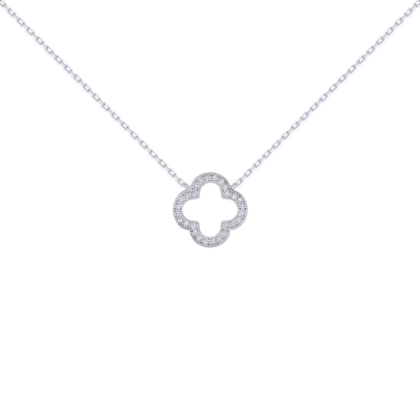 Silver  Round CZ Clover Halo Lucky Charm Pendant Necklace 16-18" - ANC097