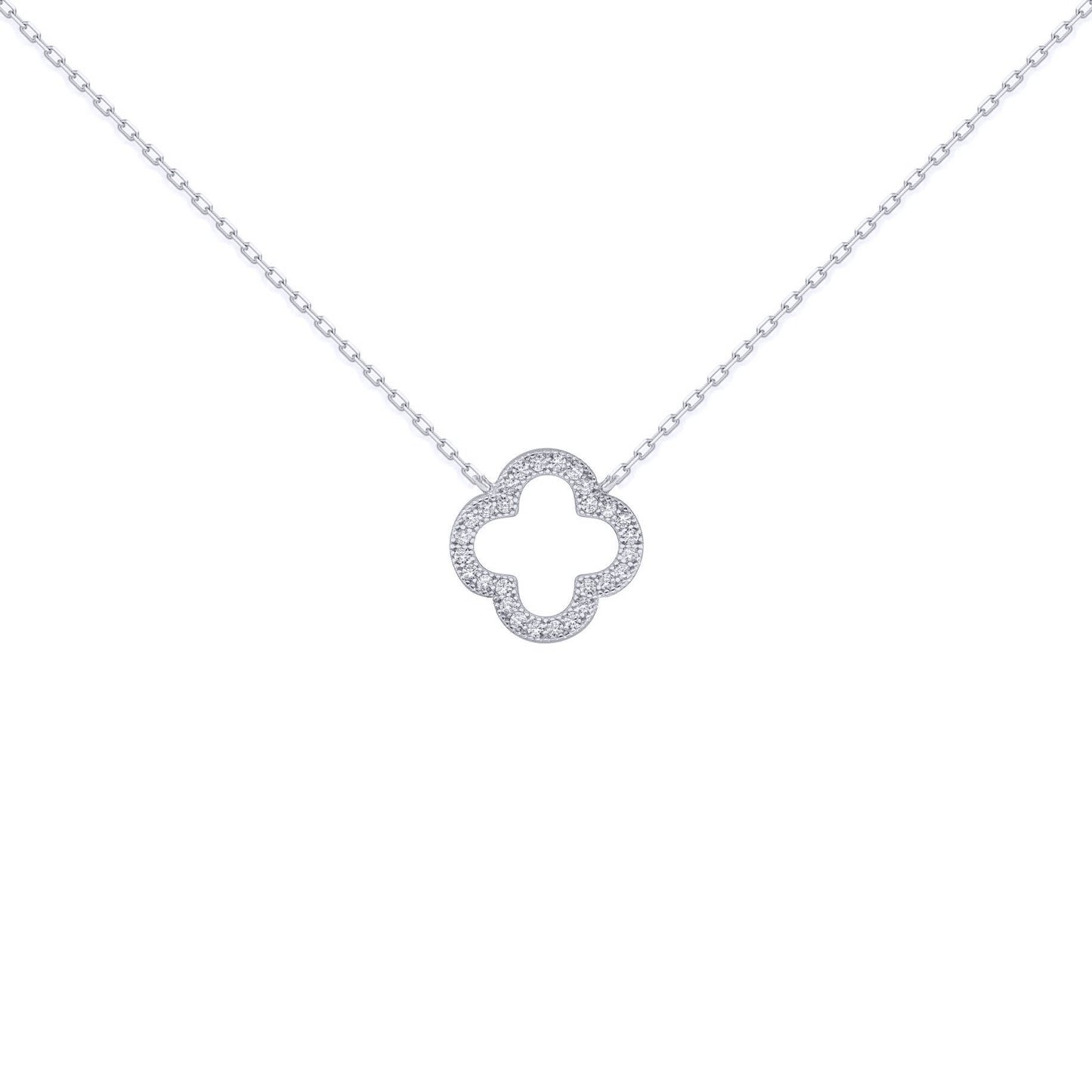 Silver  Round CZ Clover Halo Lucky Charm Pendant Necklace 16-18" - ANC097