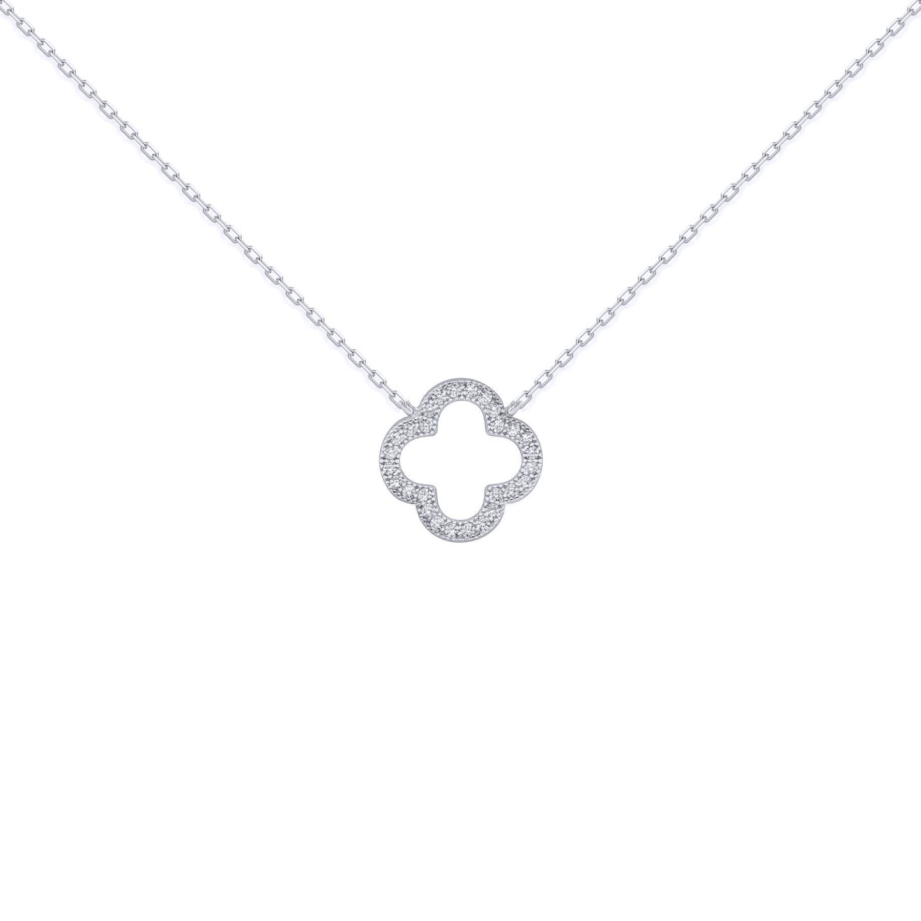 Silver  Round CZ Clover Halo Lucky Charm Pendant Necklace 16-18" - ANC097