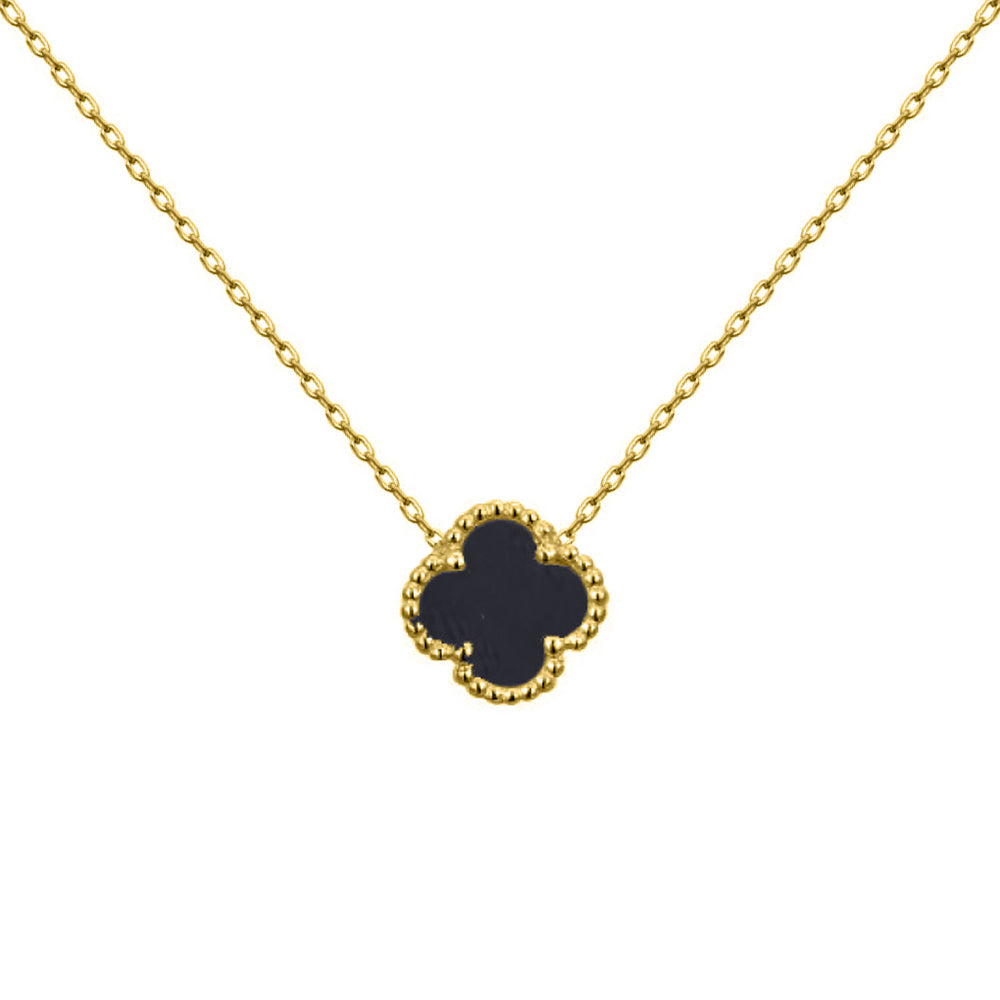 Gold-plated Silver  Black Clover Onyx Charm Necklace 16-18" - ANC098-GP