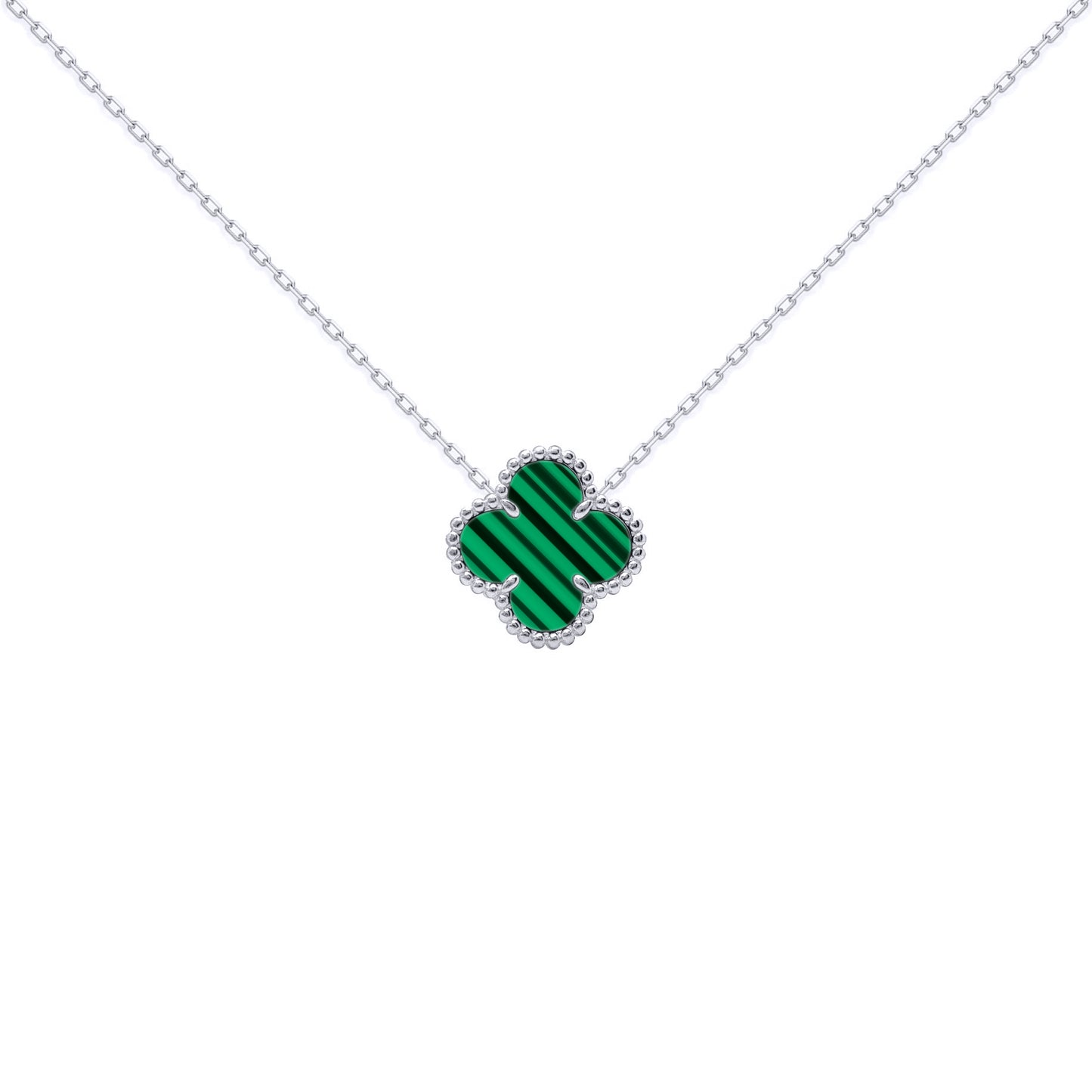 Silver  Clover Malachite Lucky Charm Pendant Necklace 16-18" - ANC101