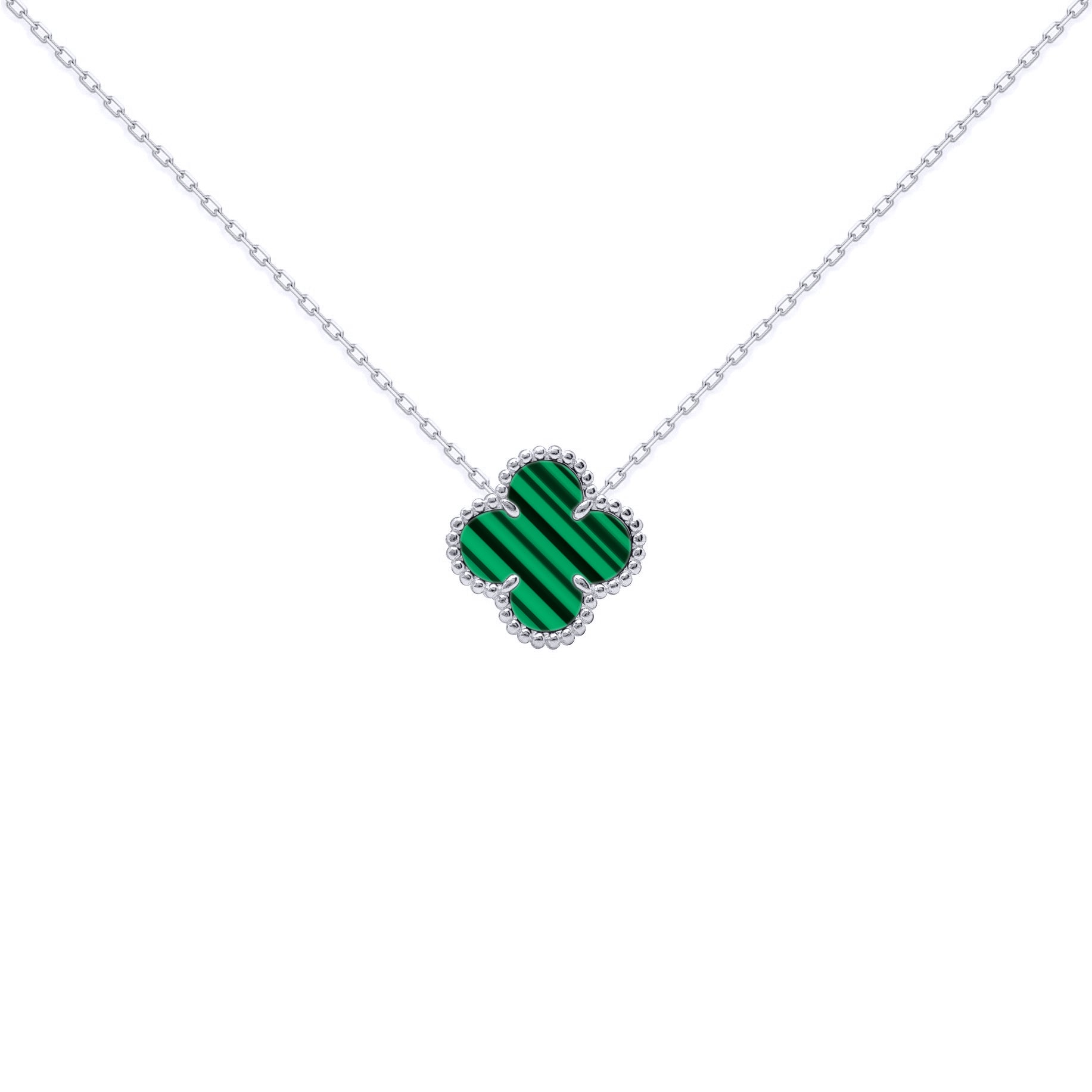 Silver  Clover Malachite Lucky Charm Pendant Necklace 16-18" - ANC101