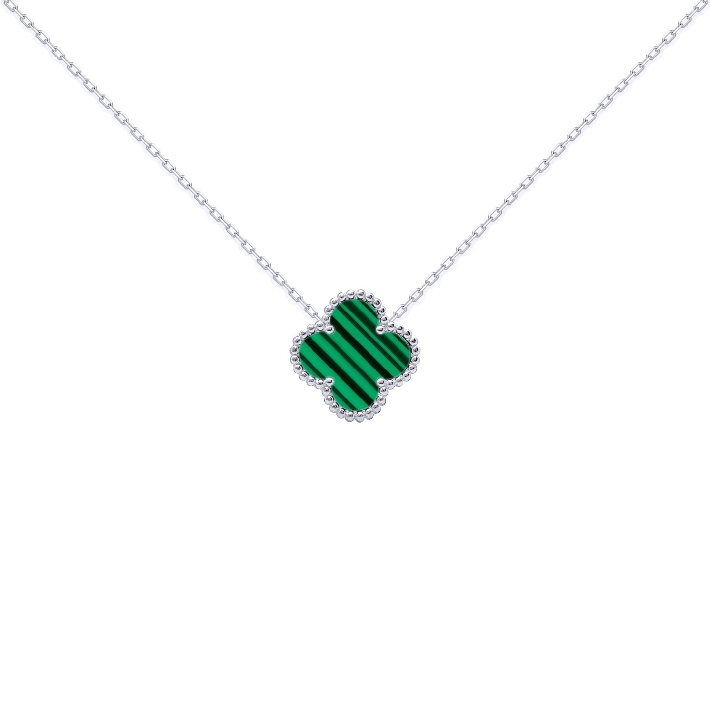 Silver  Clover Malachite Lucky Charm Pendant Necklace 16-18" - ANC101