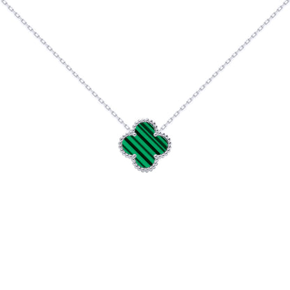 Silver  Clover Malachite Lucky Charm Pendant Necklace 16-18" - ANC101