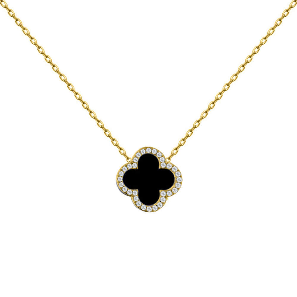 Gold-plated Silver  Clover Onyx CZ Lucky Charm Necklace 16-18" - ANC102-GP