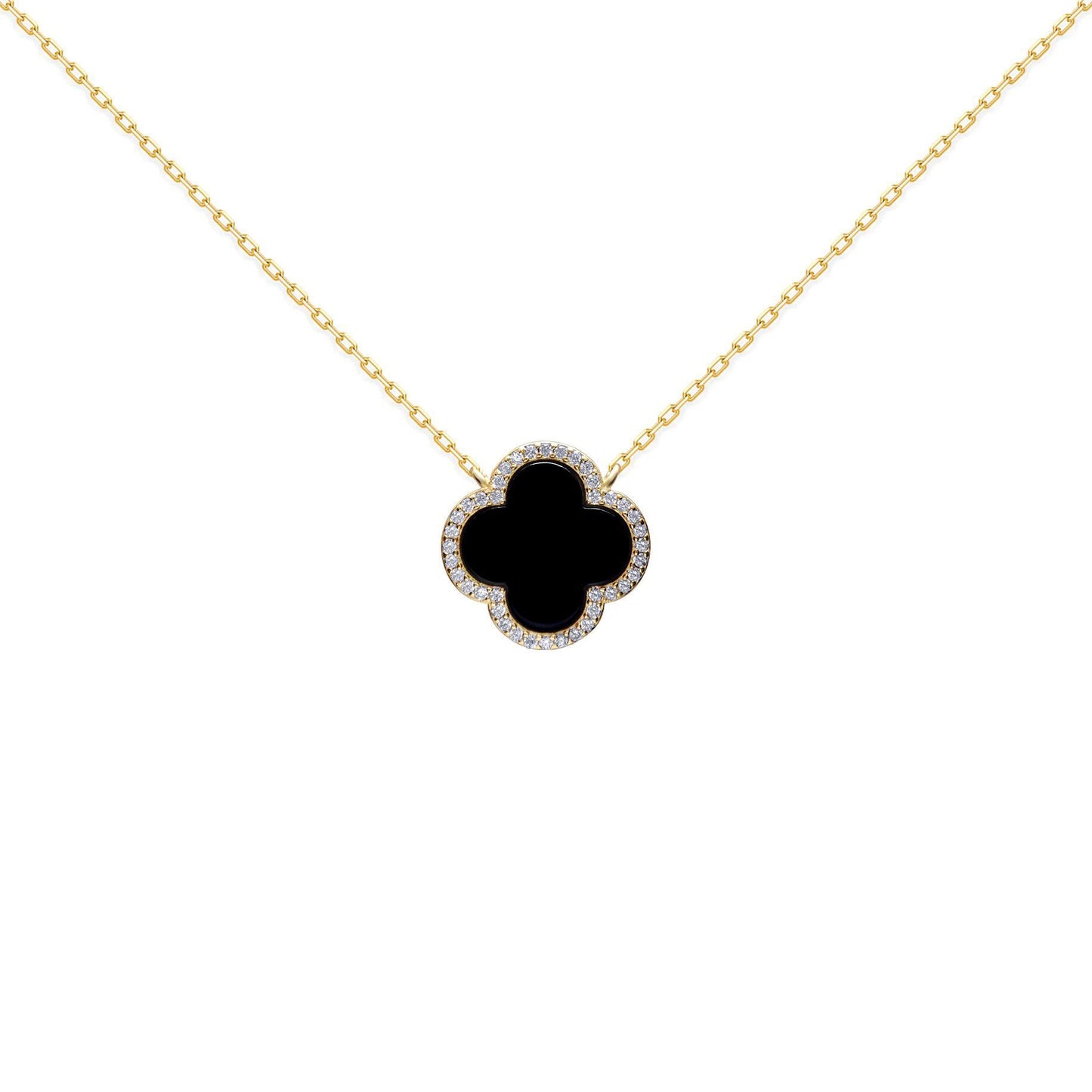 Gold-plated Silver  Clover Onyx CZ Lucky Charm Necklace 16-18" - ANC102-GP