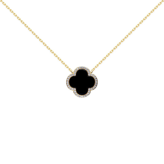Gold-plated Silver  Clover Onyx CZ Lucky Charm Necklace 16-18" - ANC102-GP