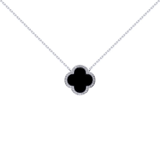 Silver Clover Onyx CZ Halo Lucky Charm Pendant Necklace 16-18" - ANC102
