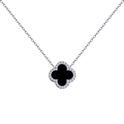 Silver  Clover Onyx CZ Halo Lucky Charm Pendant Necklace 16-18" - ANC102