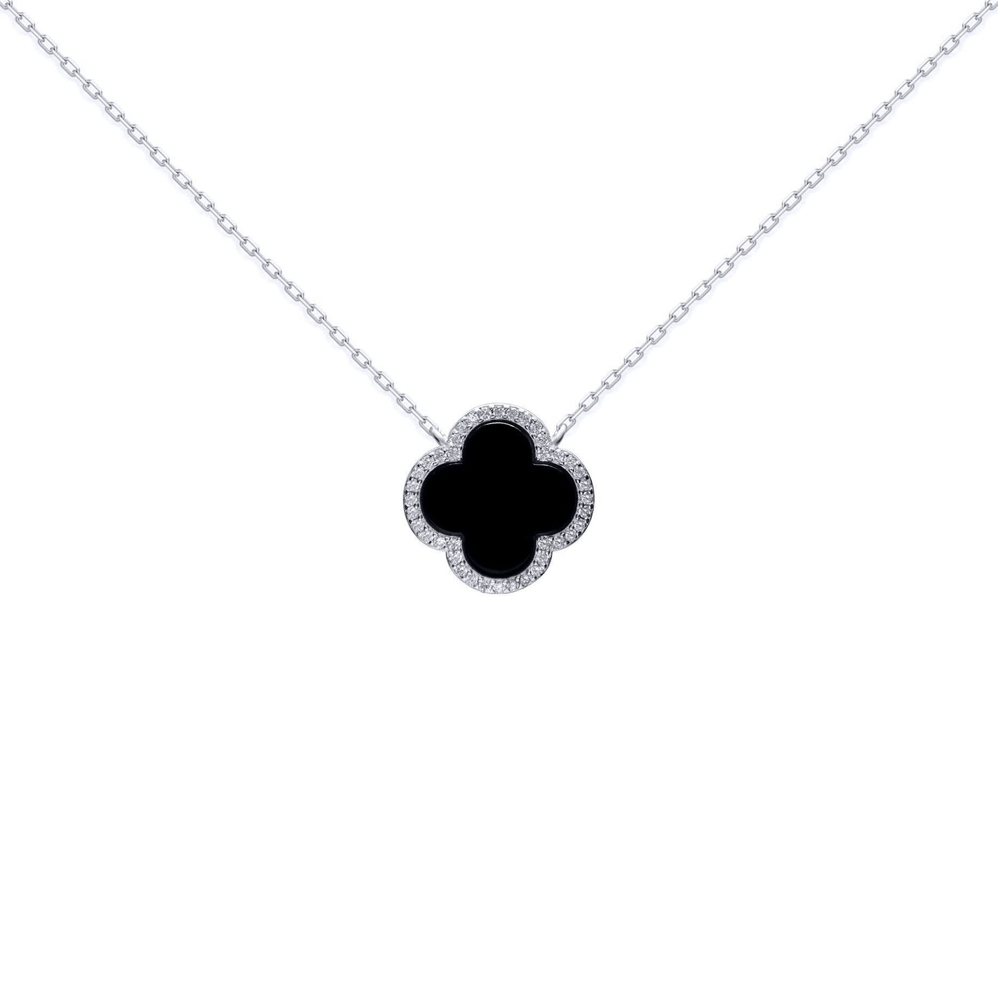 Silver  Clover Onyx CZ Halo Lucky Charm Pendant Necklace 16-18" - ANC102