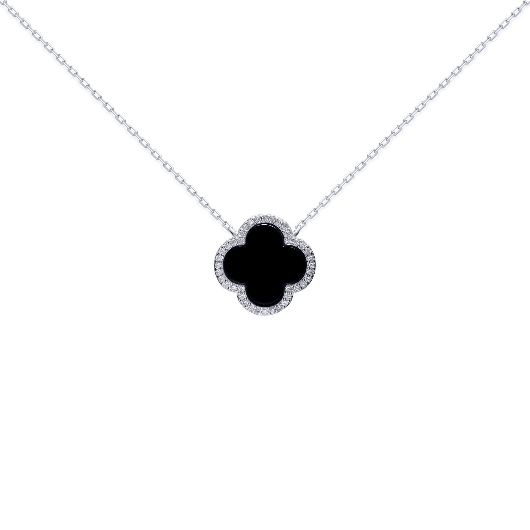 Silver  Clover Onyx CZ Halo Lucky Charm Pendant Necklace 16-18" - ANC102