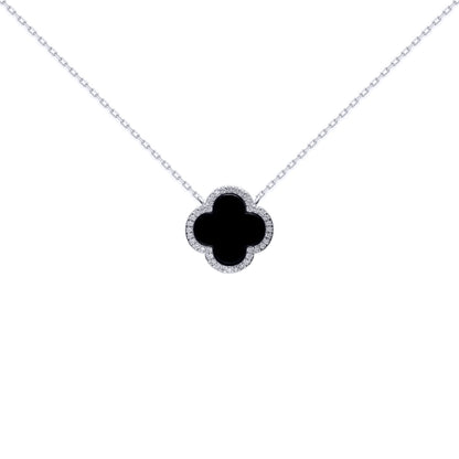 Silver  Clover Onyx CZ Halo Lucky Charm Pendant Necklace 16-18" - ANC102