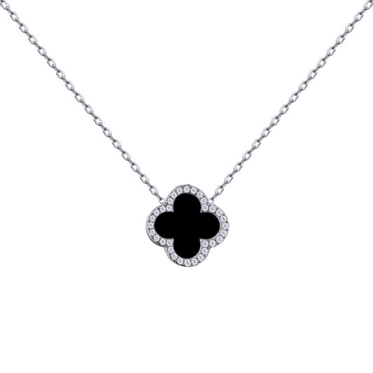 Silver  Clover Onyx CZ Halo Lucky Charm Pendant Necklace 16-18" - ANC102