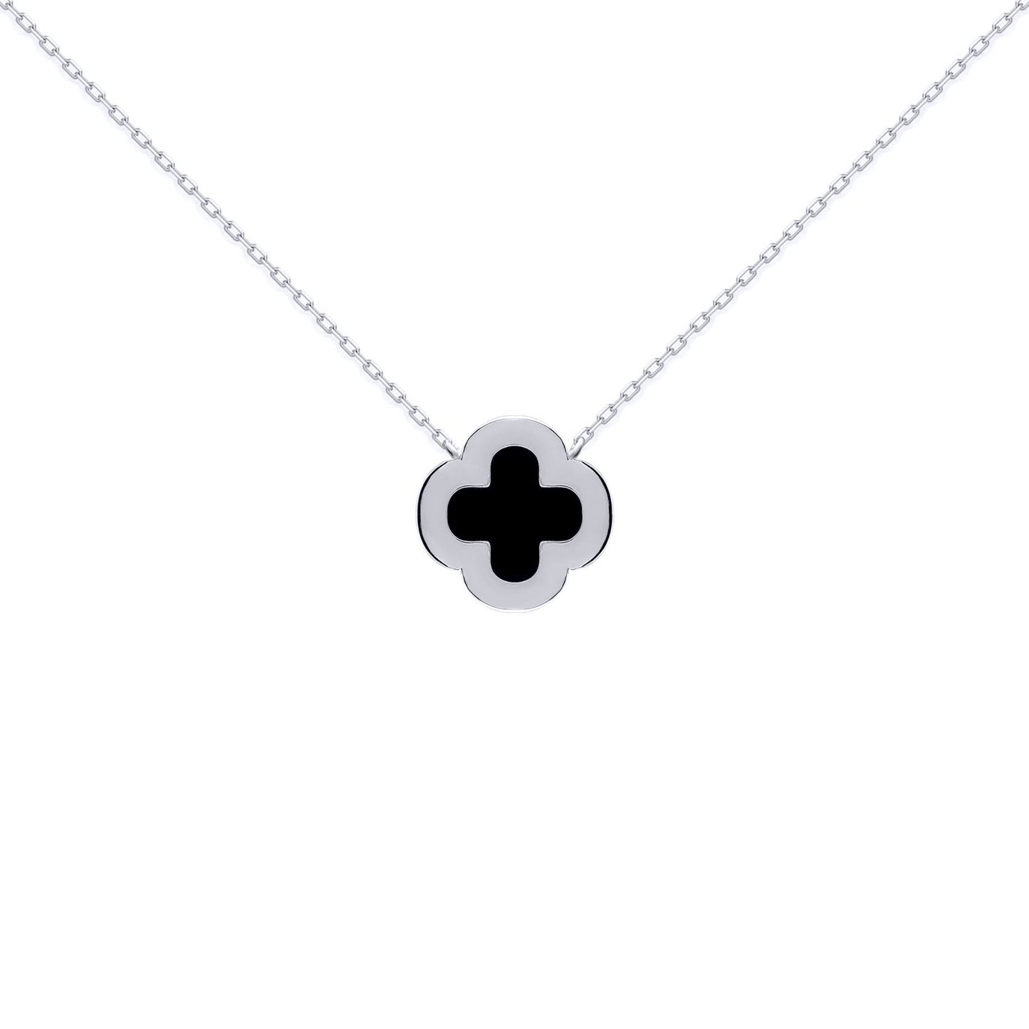 Silver  Clover Onyx CZ Halo Lucky Charm Pendant Necklace 16-18" - ANC102