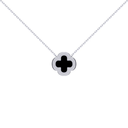 Silver  Clover Onyx CZ Halo Lucky Charm Pendant Necklace 16-18" - ANC102