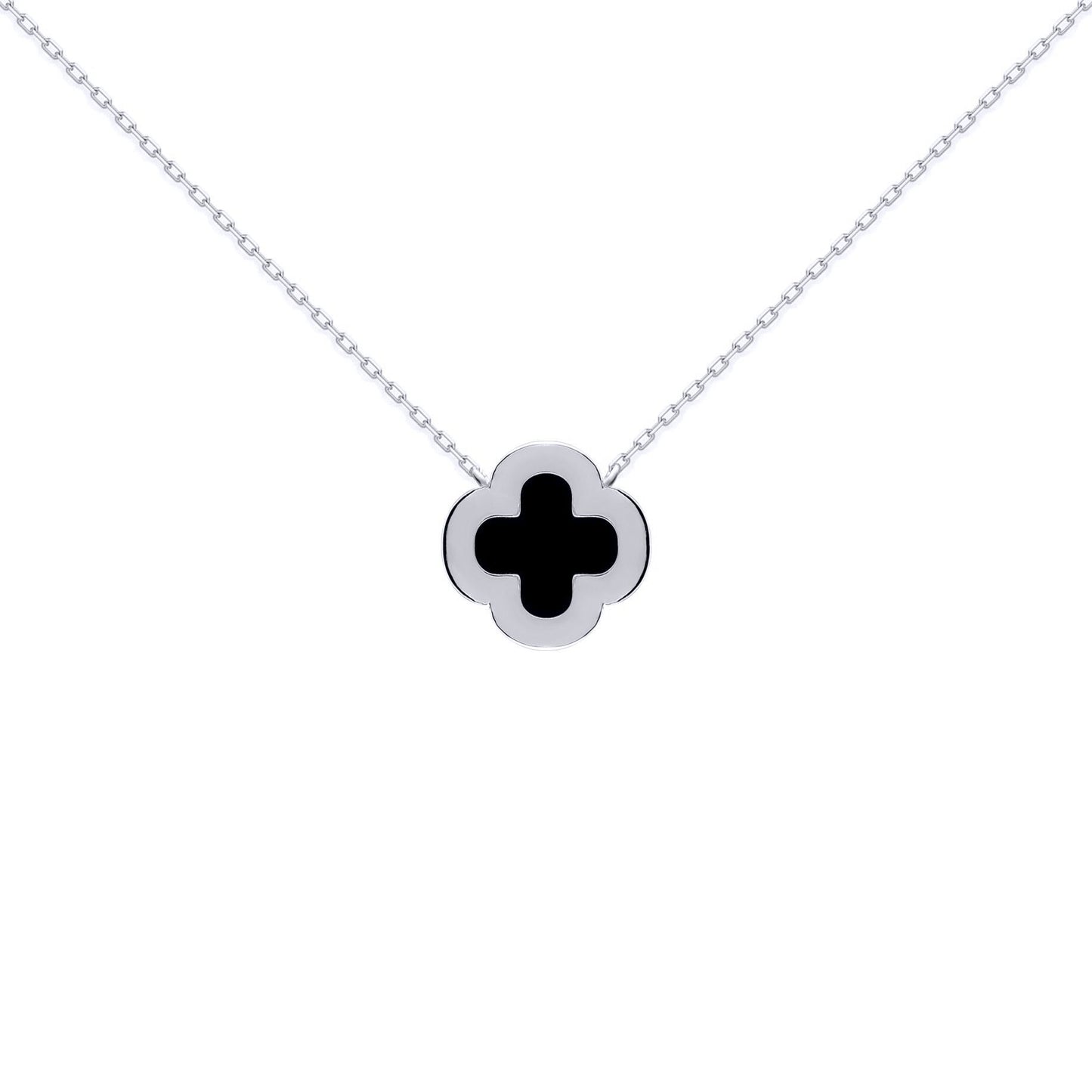 Silver  Clover Onyx CZ Halo Lucky Charm Pendant Necklace 16-18" - ANC102