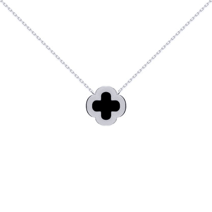 Silver  Clover Onyx CZ Halo Lucky Charm Pendant Necklace 16-18" - ANC102