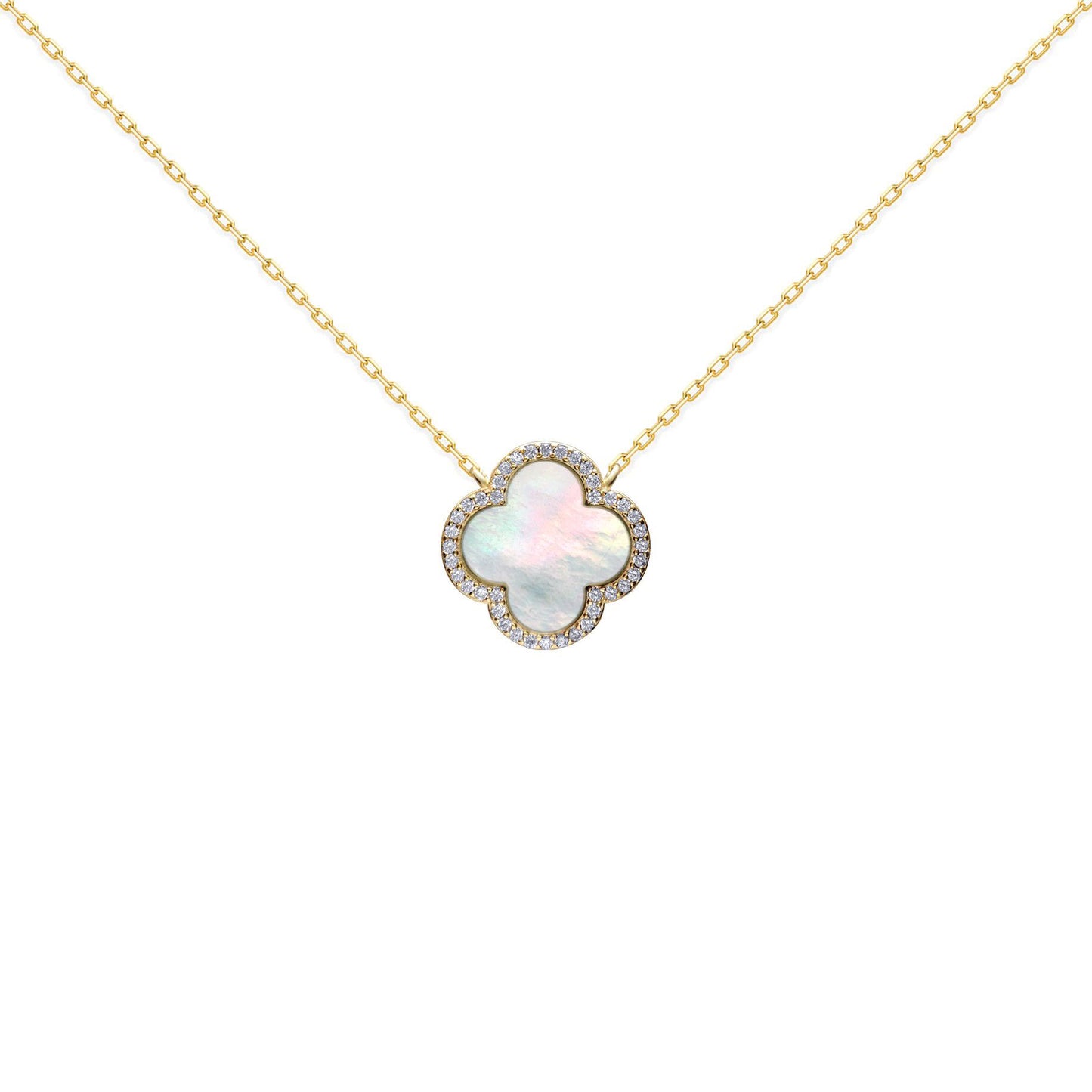 Gold-plated Silver  Clover Mother of Pearl CZ Necklace 16-18" - ANC103-GP