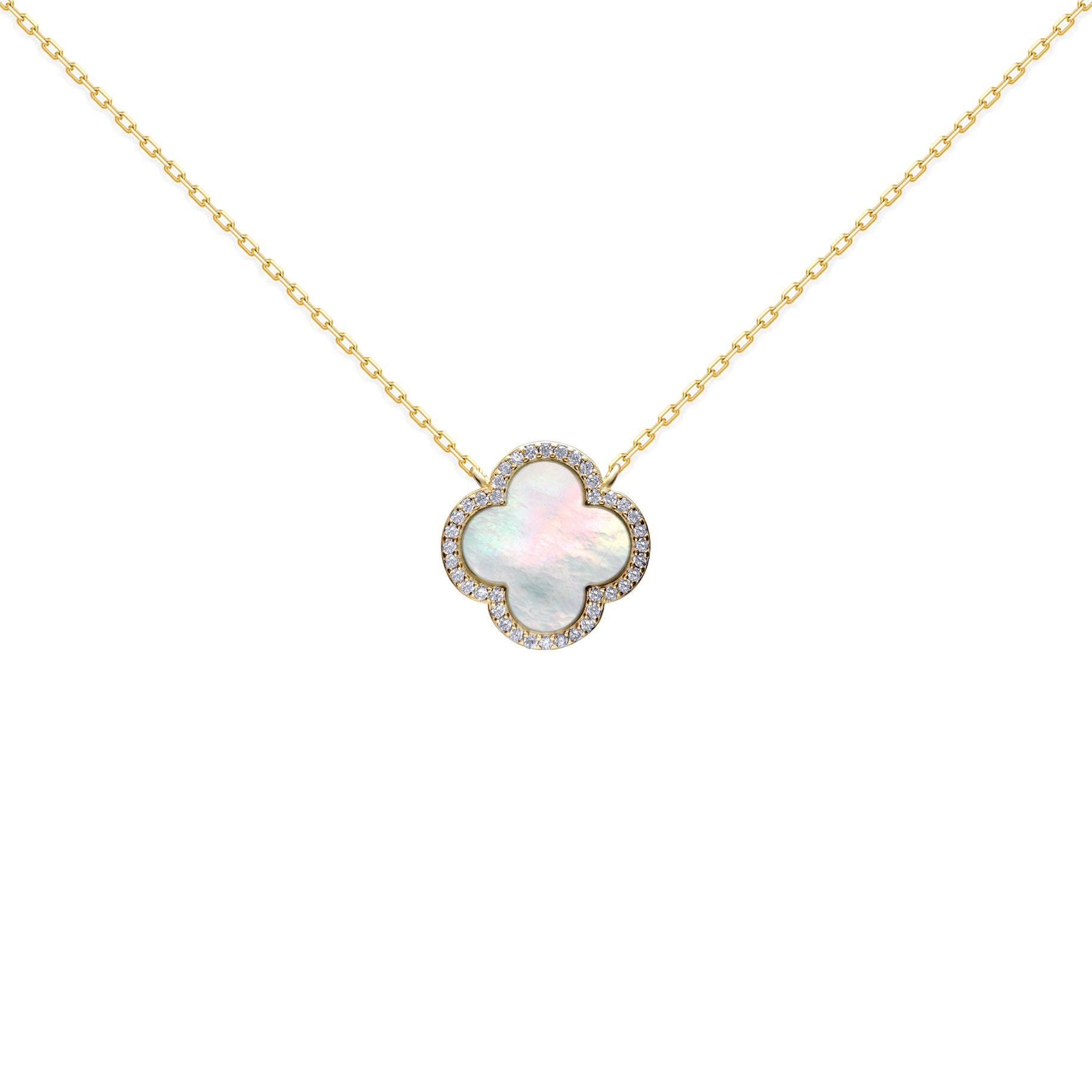 Gold-plated Silver  Clover Mother of Pearl CZ Necklace 16-18" - ANC103-GP