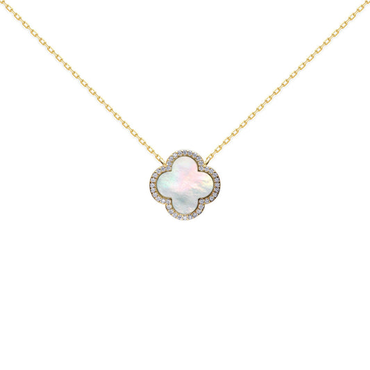 Gold-plated Silver  Clover Mother of Pearl CZ Necklace 16-18" - ANC103-GP