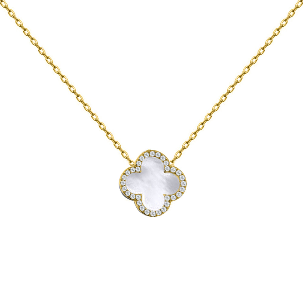 Gold-plated Silver  Clover Mother of Pearl CZ Necklace 16-18" - ANC103-GP