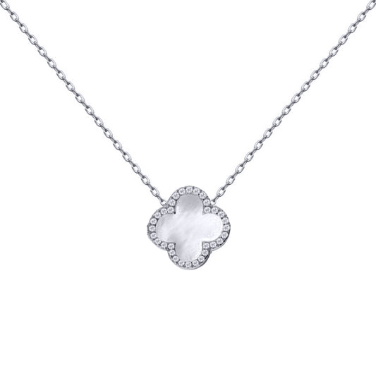 Silver  Clover Mother of Pearl CZ Halo Lucky Charm Necklace 16-18" - ANC103