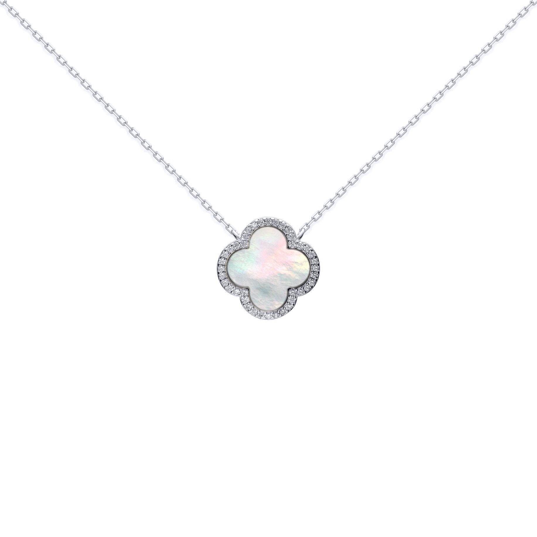 Silver  Clover Mother of Pearl CZ Halo Lucky Charm Necklace 16-18" - ANC103
