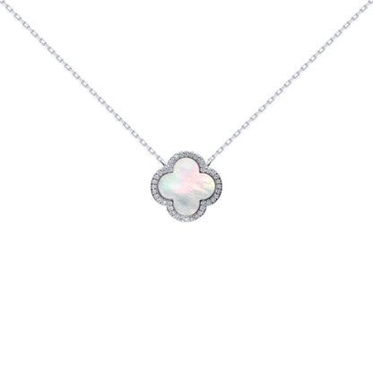 Silver  Clover Mother of Pearl CZ Halo Lucky Charm Necklace 16-18" - ANC103