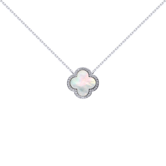 Silver  Clover Mother of Pearl CZ Halo Lucky Charm Necklace 16-18" - ANC103