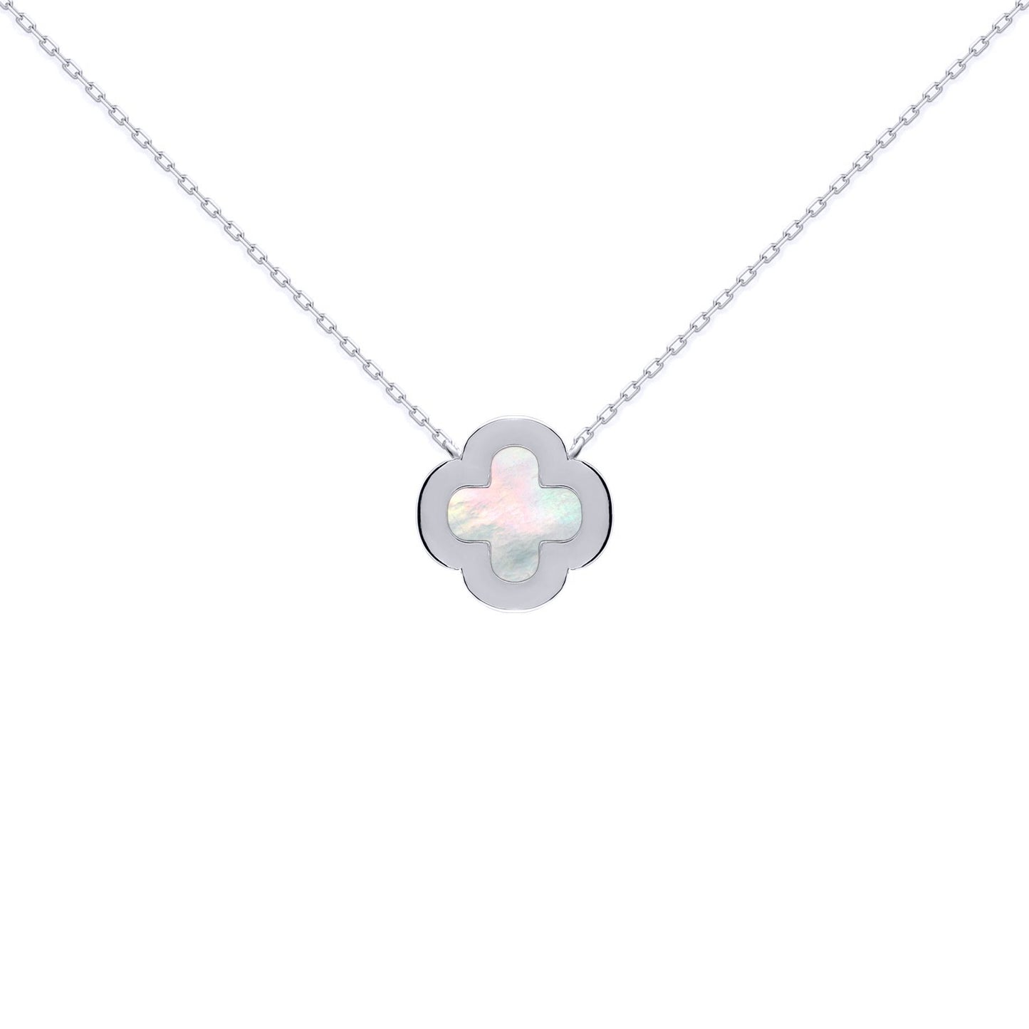 Silver  Clover Mother of Pearl CZ Halo Lucky Charm Necklace 16-18" - ANC103