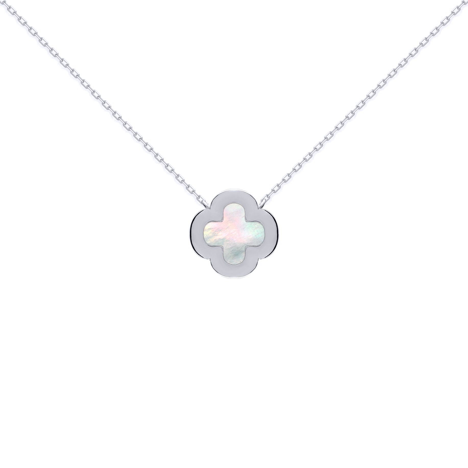 Silver  Clover Mother of Pearl CZ Halo Lucky Charm Necklace 16-18" - ANC103