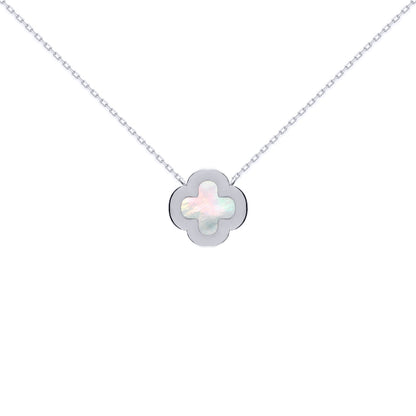 Silver  Clover Mother of Pearl CZ Halo Lucky Charm Necklace 16-18" - ANC103