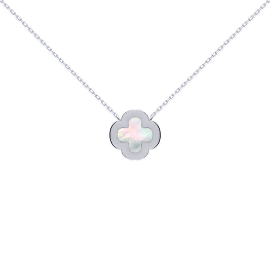 Silver  Clover Mother of Pearl CZ Halo Lucky Charm Necklace 16-18" - ANC103