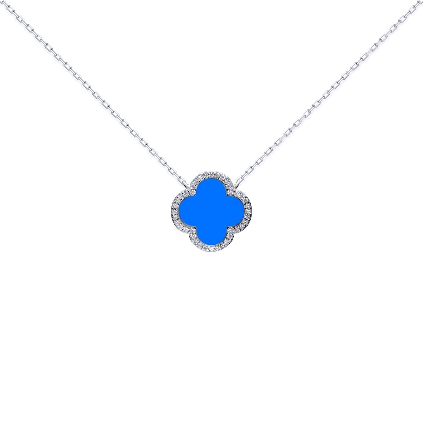 Silver  Clover Agate CZ Halo Lucky Charm Pendant Necklace 16-18" - ANC104