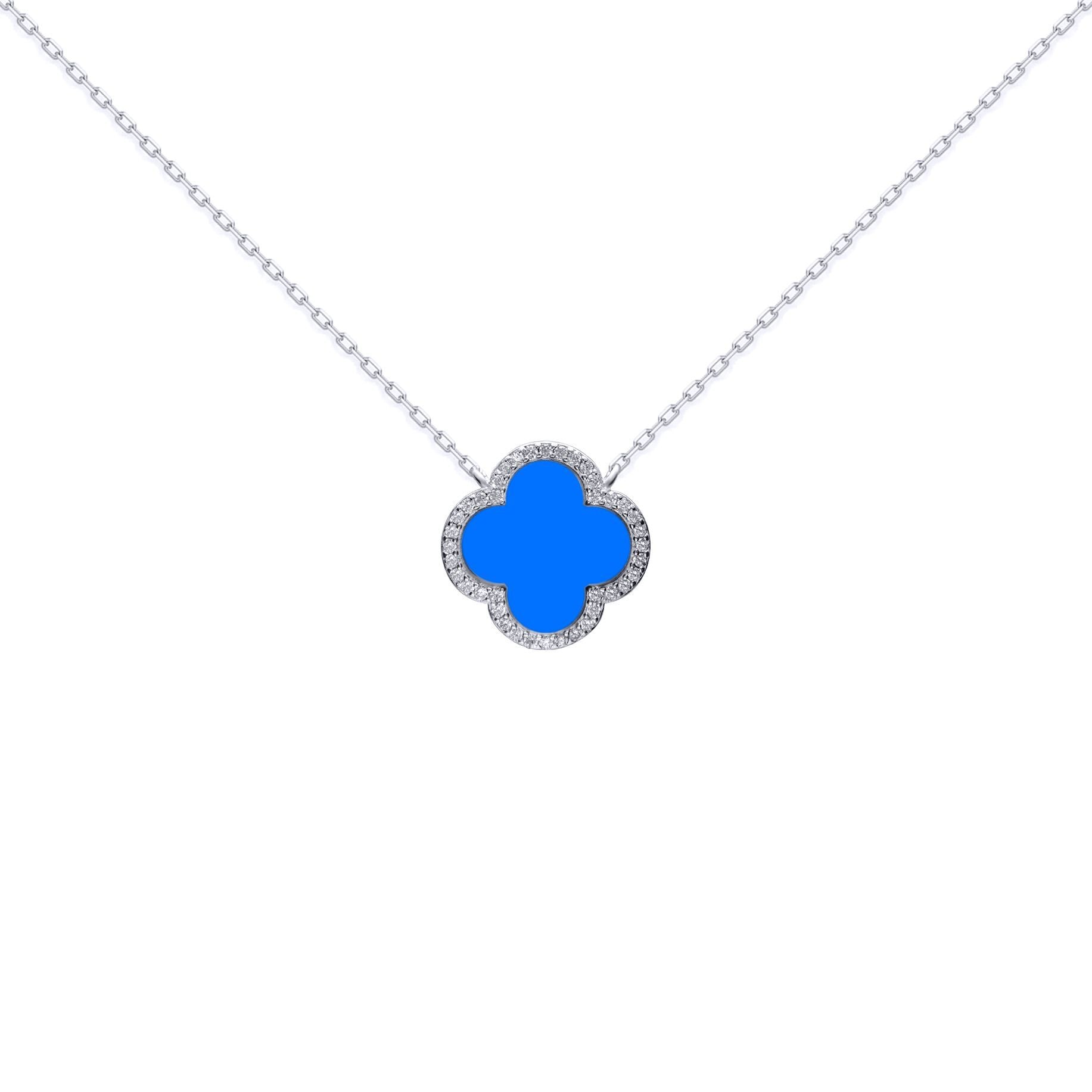 Silver  Clover Agate CZ Halo Lucky Charm Pendant Necklace 16-18" - ANC104