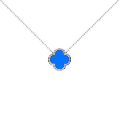 Silver  Clover Agate CZ Halo Lucky Charm Pendant Necklace 16-18" - ANC104
