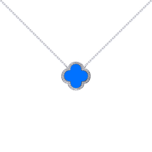 Silver  Clover Agate CZ Halo Lucky Charm Pendant Necklace 16-18" - ANC104