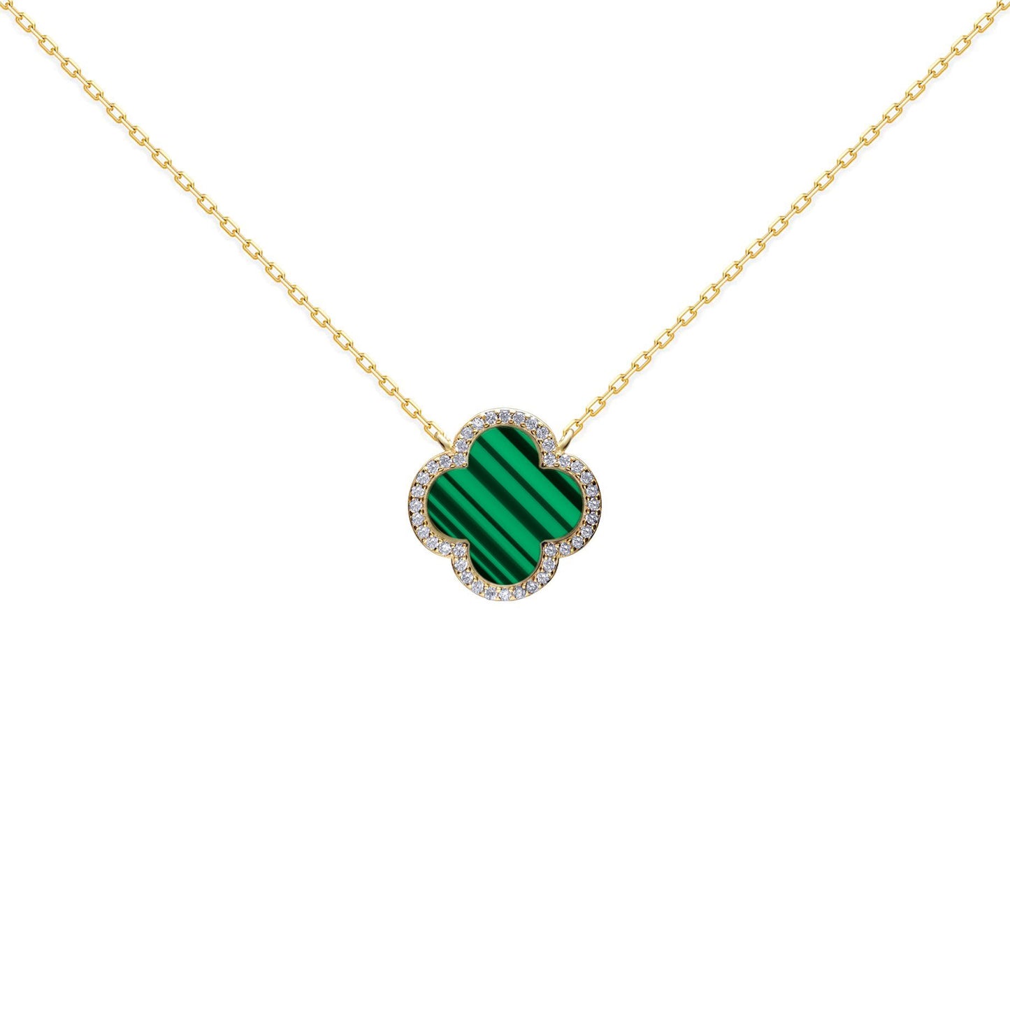 Gold-plated Silver  Clover Malachite CZ Charm Necklace 16-18" - ANC105-GP