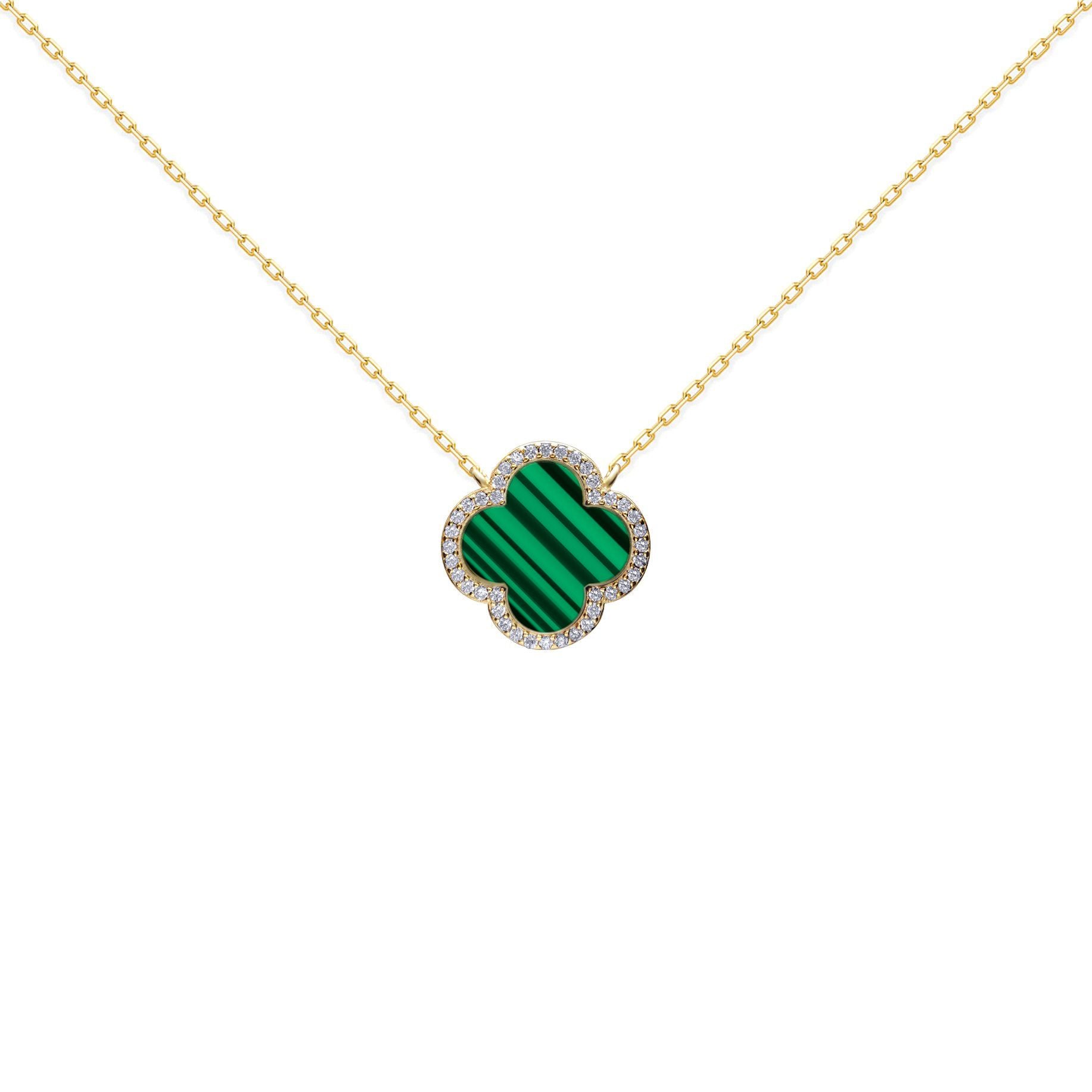 Gold-plated Silver  Clover Malachite CZ Charm Necklace 16-18" - ANC105-GP