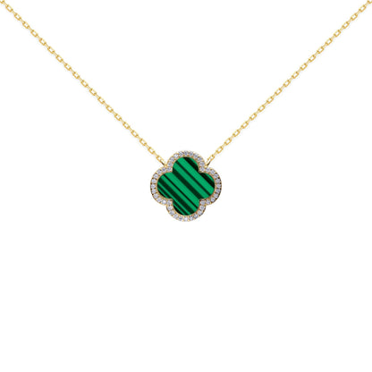 Gold-plated Silver  Clover Malachite CZ Charm Necklace 16-18" - ANC105-GP